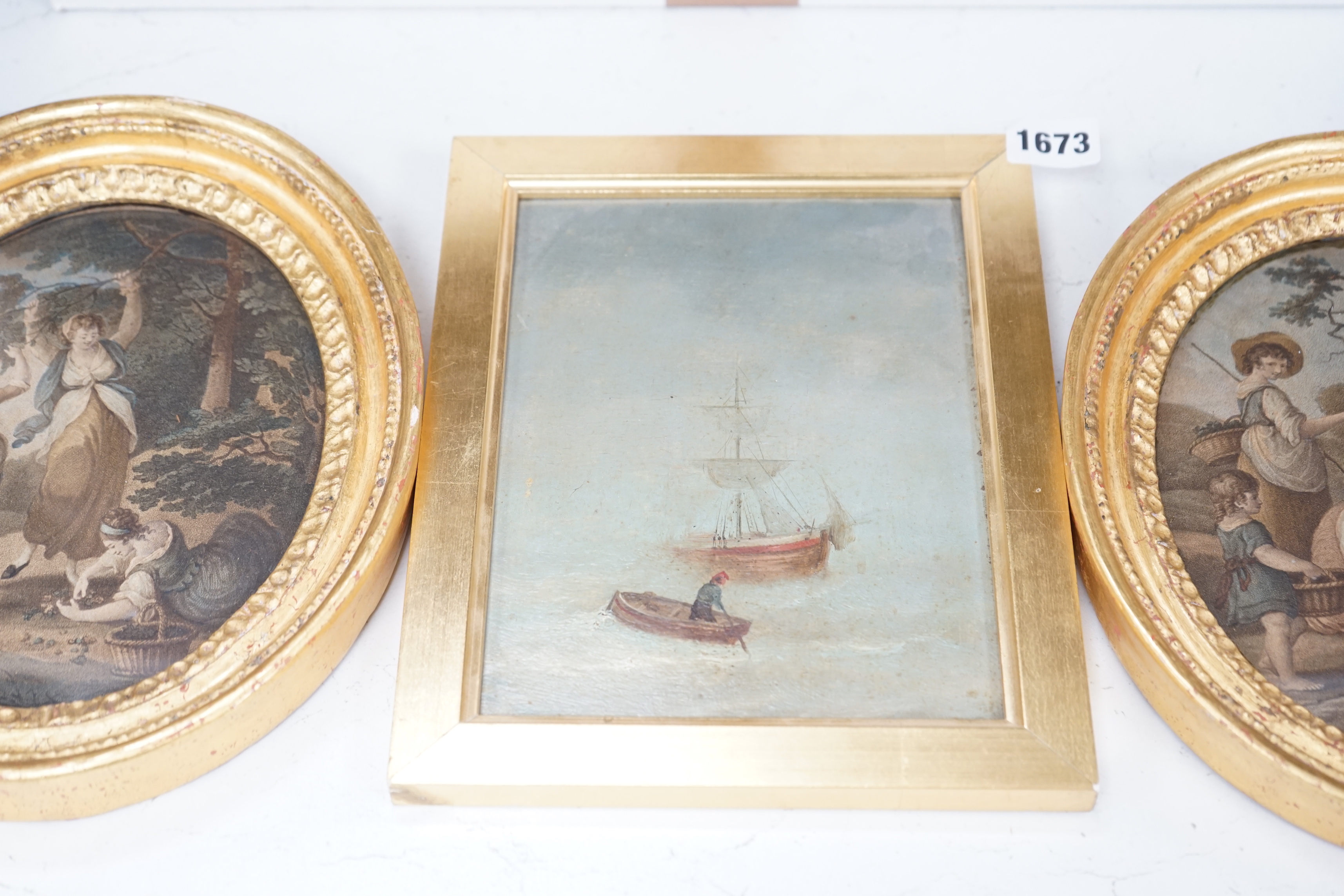 20th century School, oil on board, Fishing boat before a ship, together with a pair of 19th century oval colour stipple engravings, females and children, largest 19.5 x 14.5cm